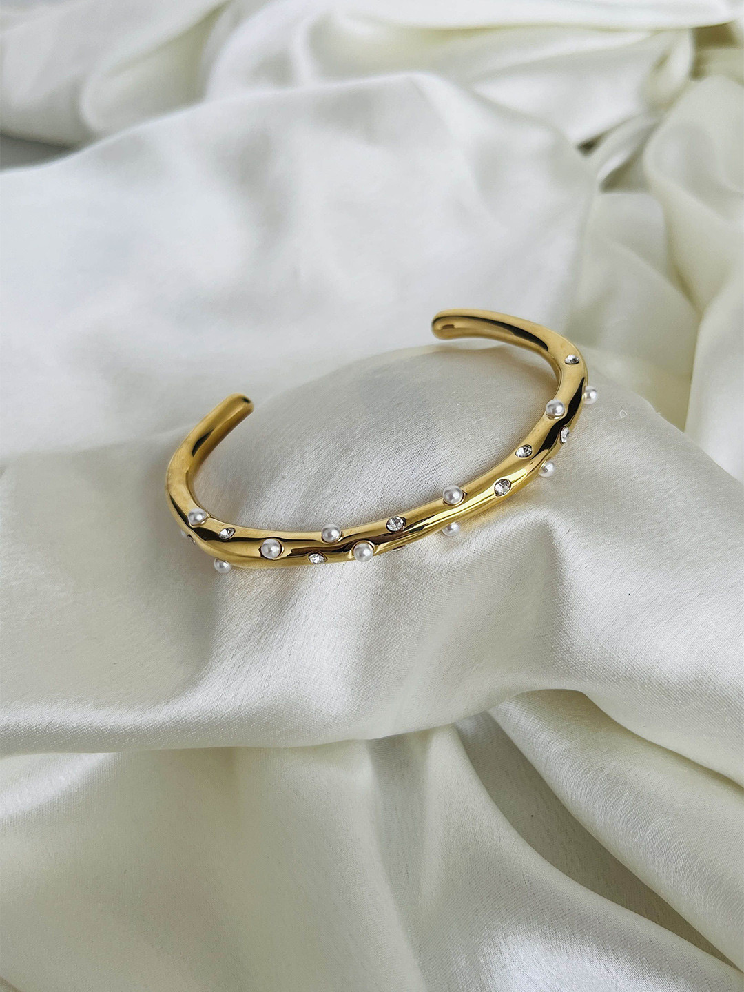 

The Cacti Store Stainless Steel Pearls Beaded Cuff Bracelet, Gold