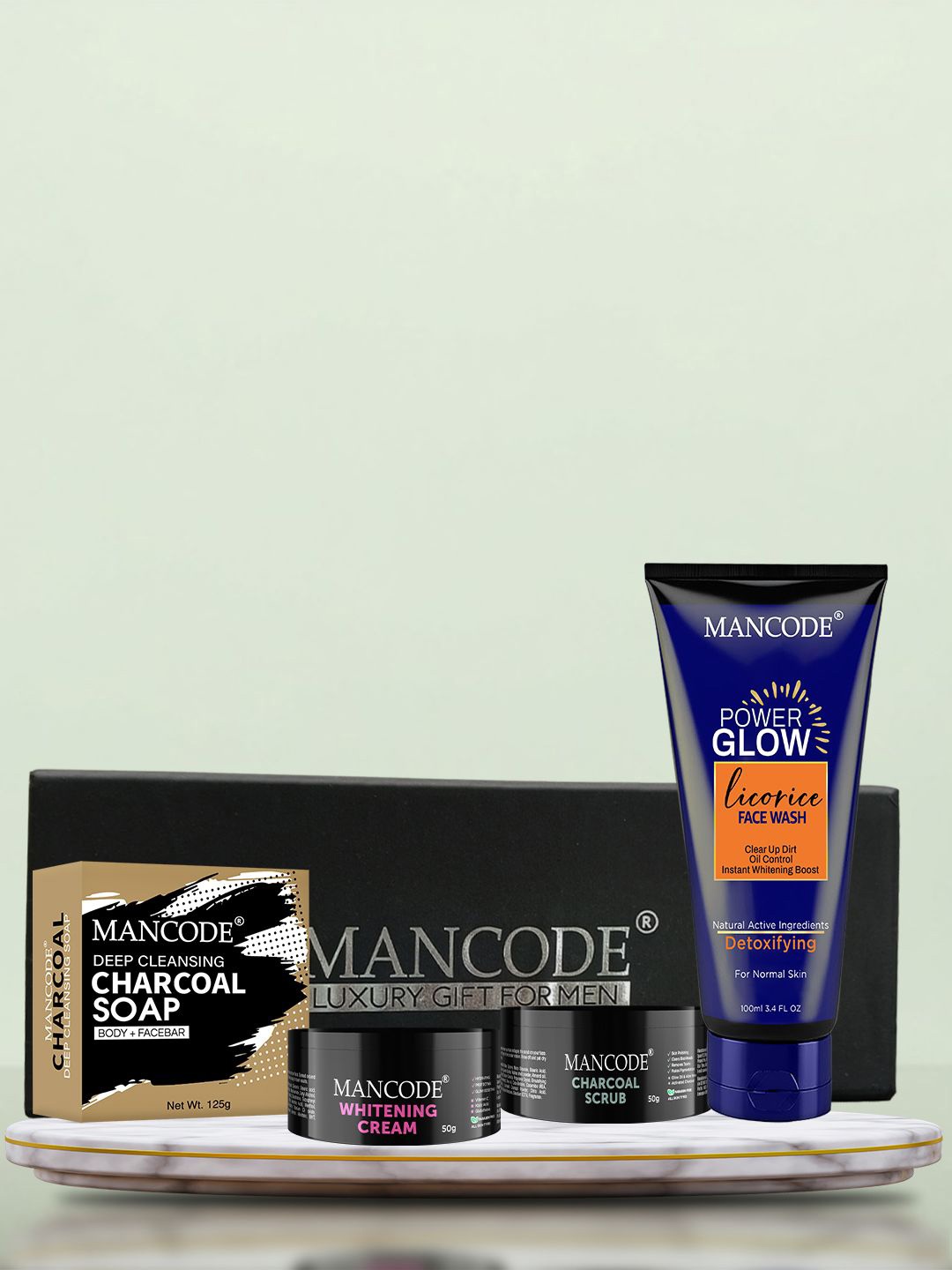 

MANCODE Set Of 4 Power Glow Face Wash, Whitening Cream Charcoal Scrub & Soap Face & Body, Black