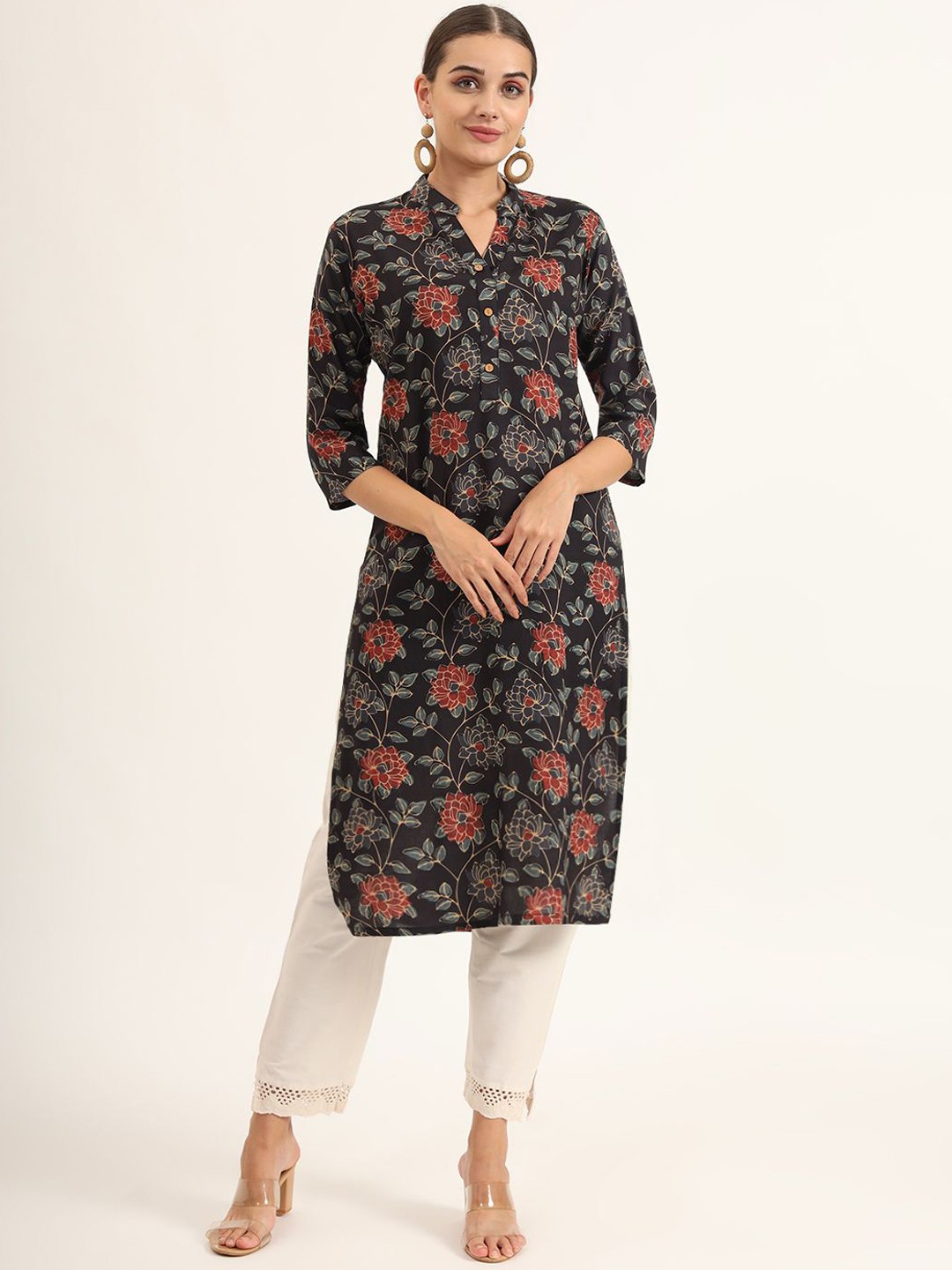 

KALINI Mandarin Collar Floral Printed Straight Kurta, Black