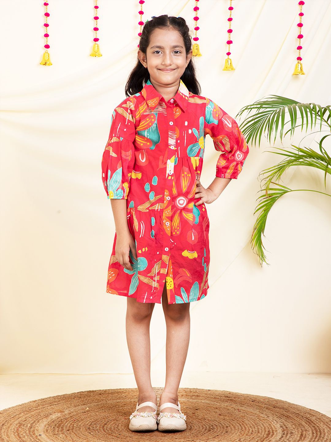 

Bugandbees Girls Floral Printed Cotton Shirt Knee Length Dress, Red
