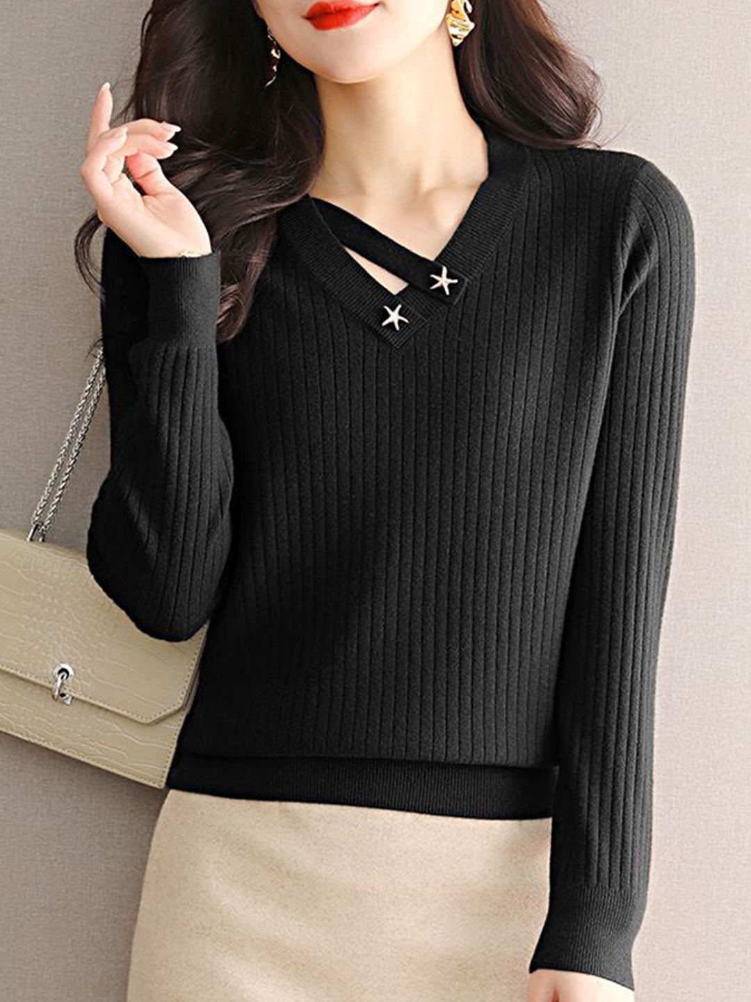 

StyleCast Women Striped Pullover with Embellished Detail, Black