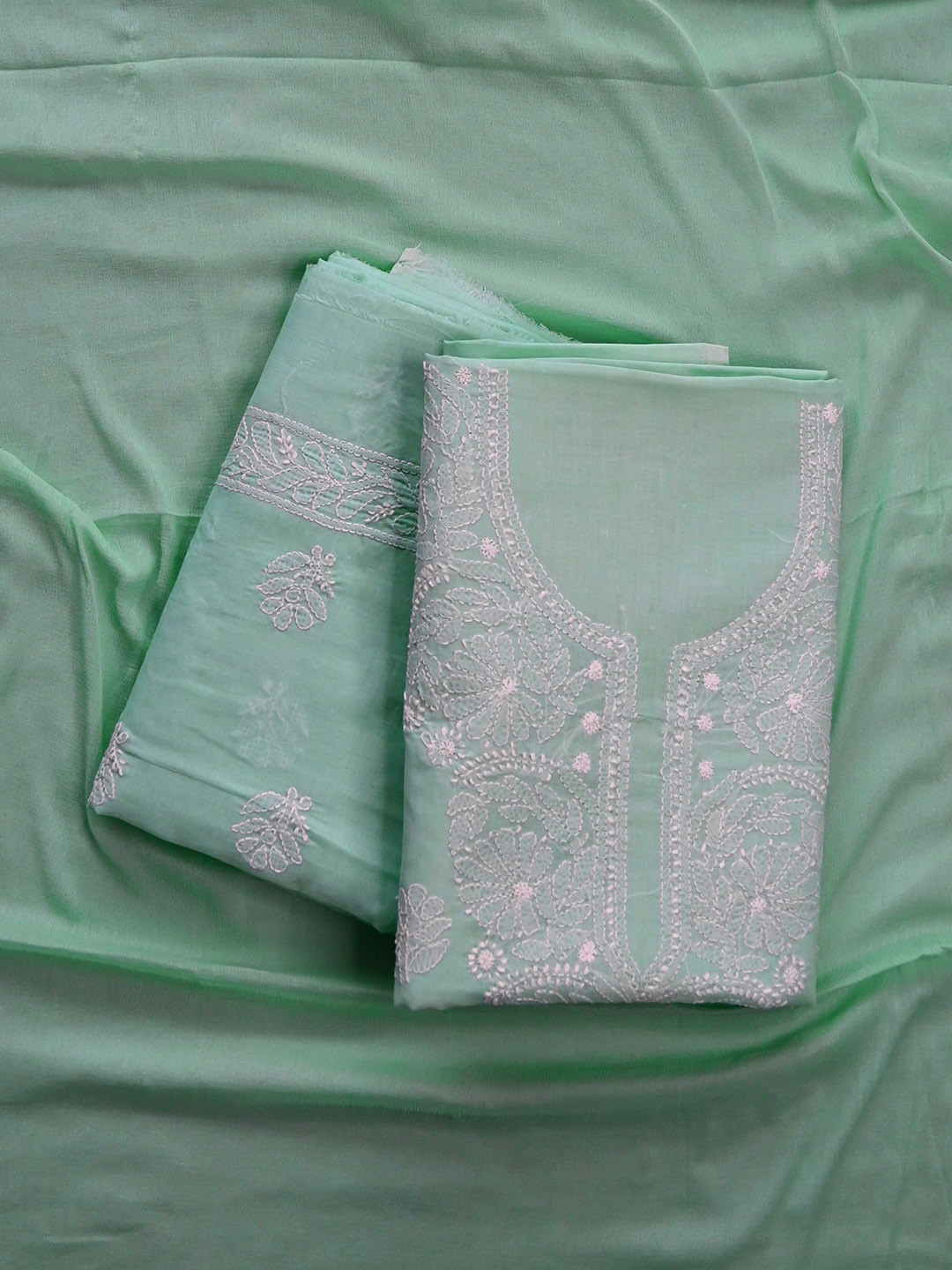 

Seva Chikan Floral Lucknowi Chikankari Embroidered Unstitched Dress Material, Green