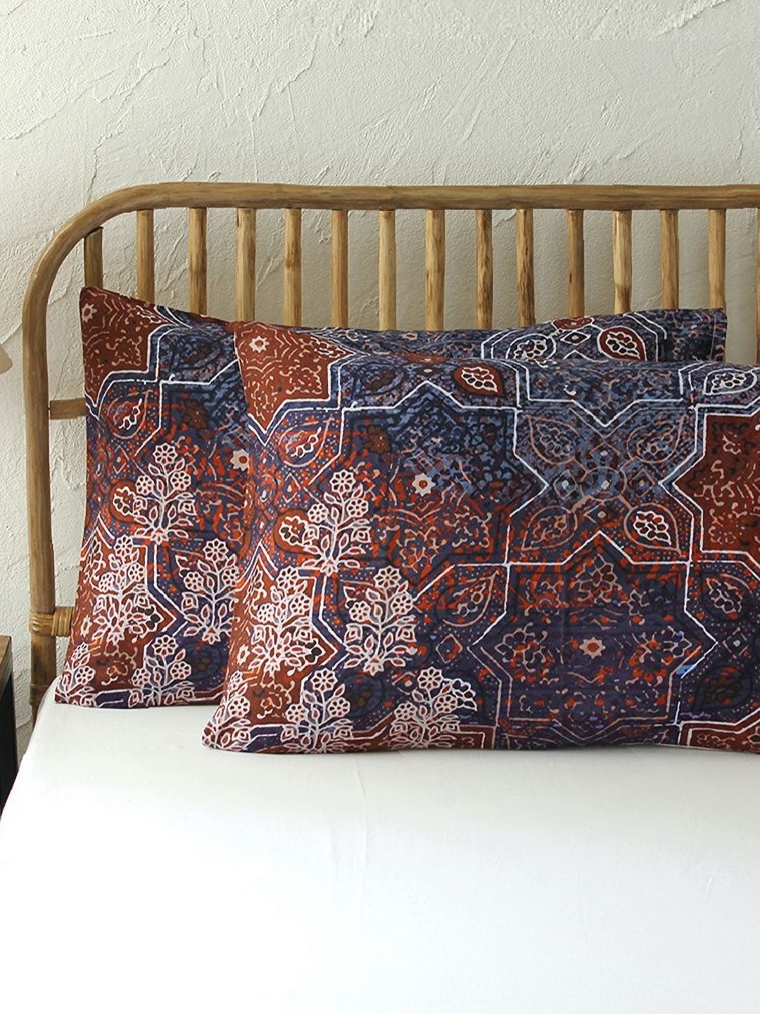 

HOMPRIN Blue & Red 2 Pieces Floral Printed Pure Cotton Rectangle Pillow Covers