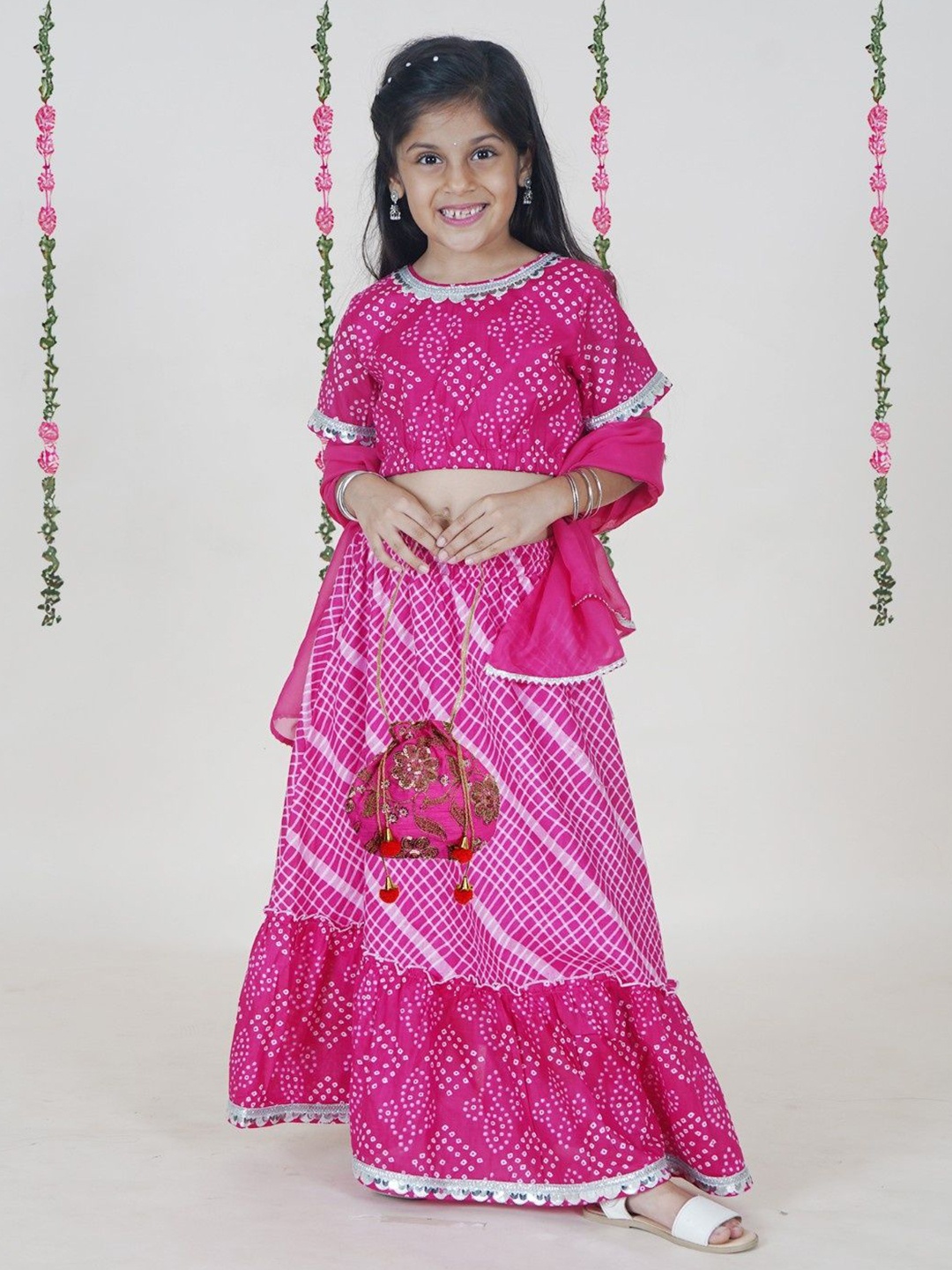 

KiddoPanti Girls Bandhani Printed Ready to Wear Lehenga & Blouse With Dupatta, Pink