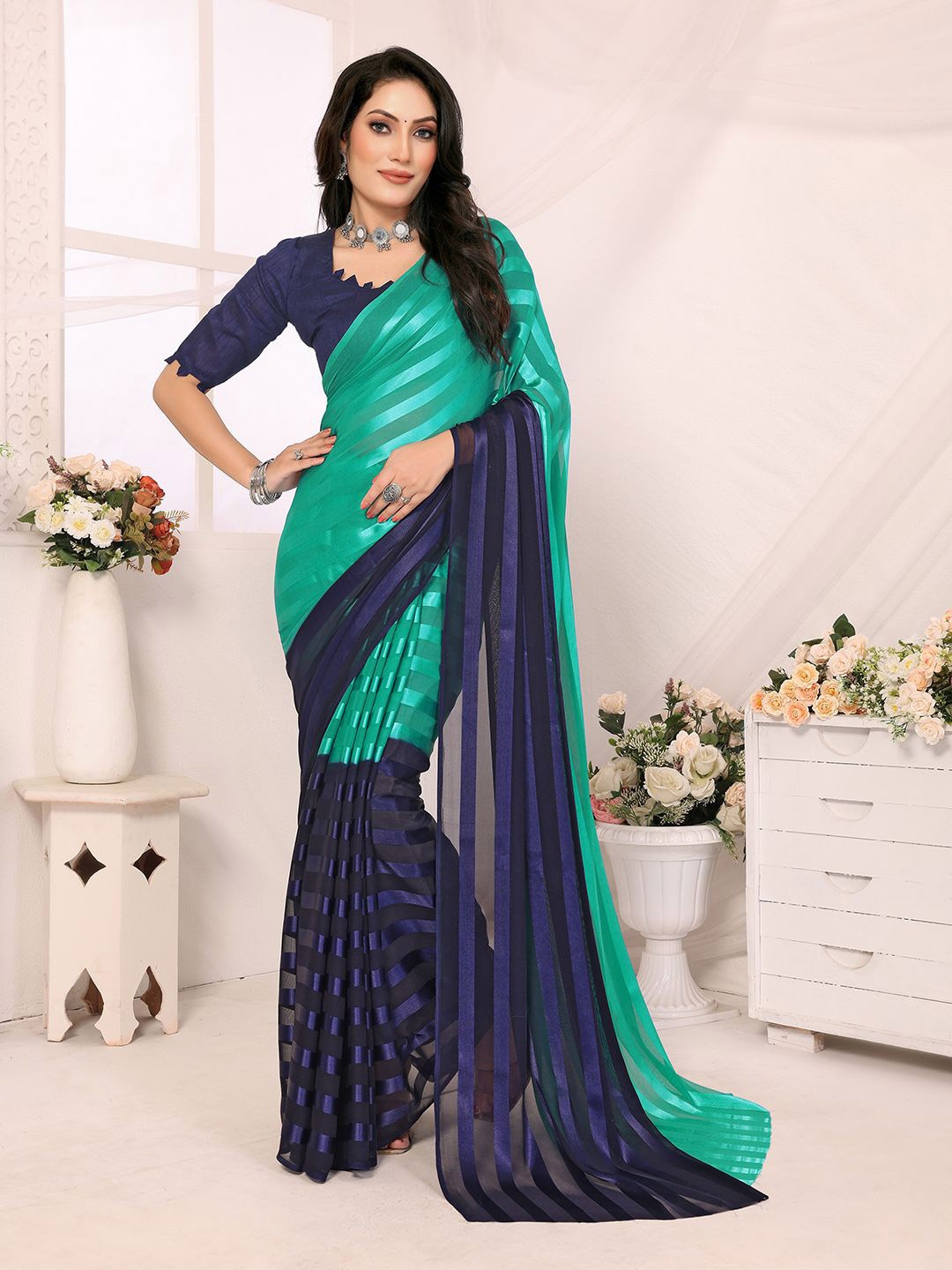 

Moda Rapido Striped Satin Saree With Blouse Piece, Blue
