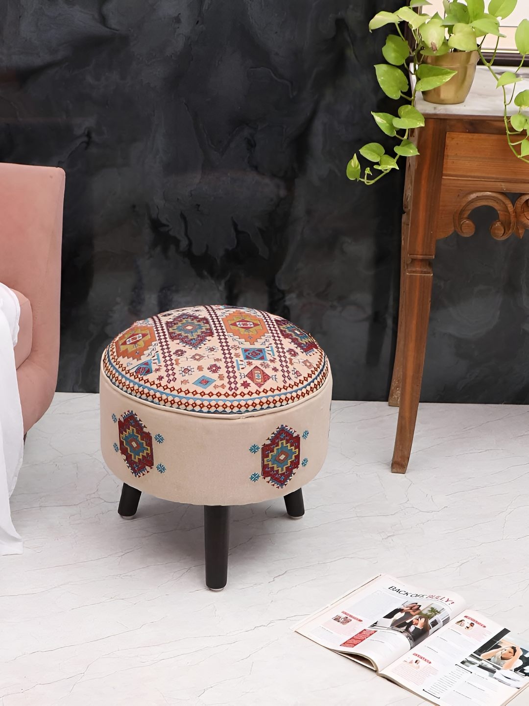 

Decoghar Red & Beige Printed Wooden Round Ottoman