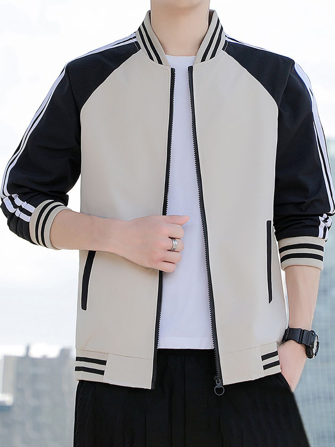 

StyleCast x Revolte Men Stand Collar Colourblocked Casual Bomber Jacket, Beige