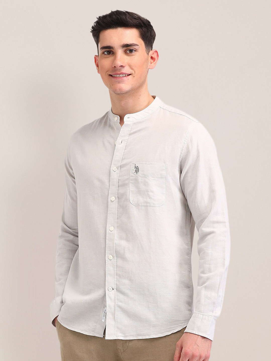 

U.S. Polo Assn. Men Classic Band Collar Solid Linen Tailored Fit Casual Shirt, Grey