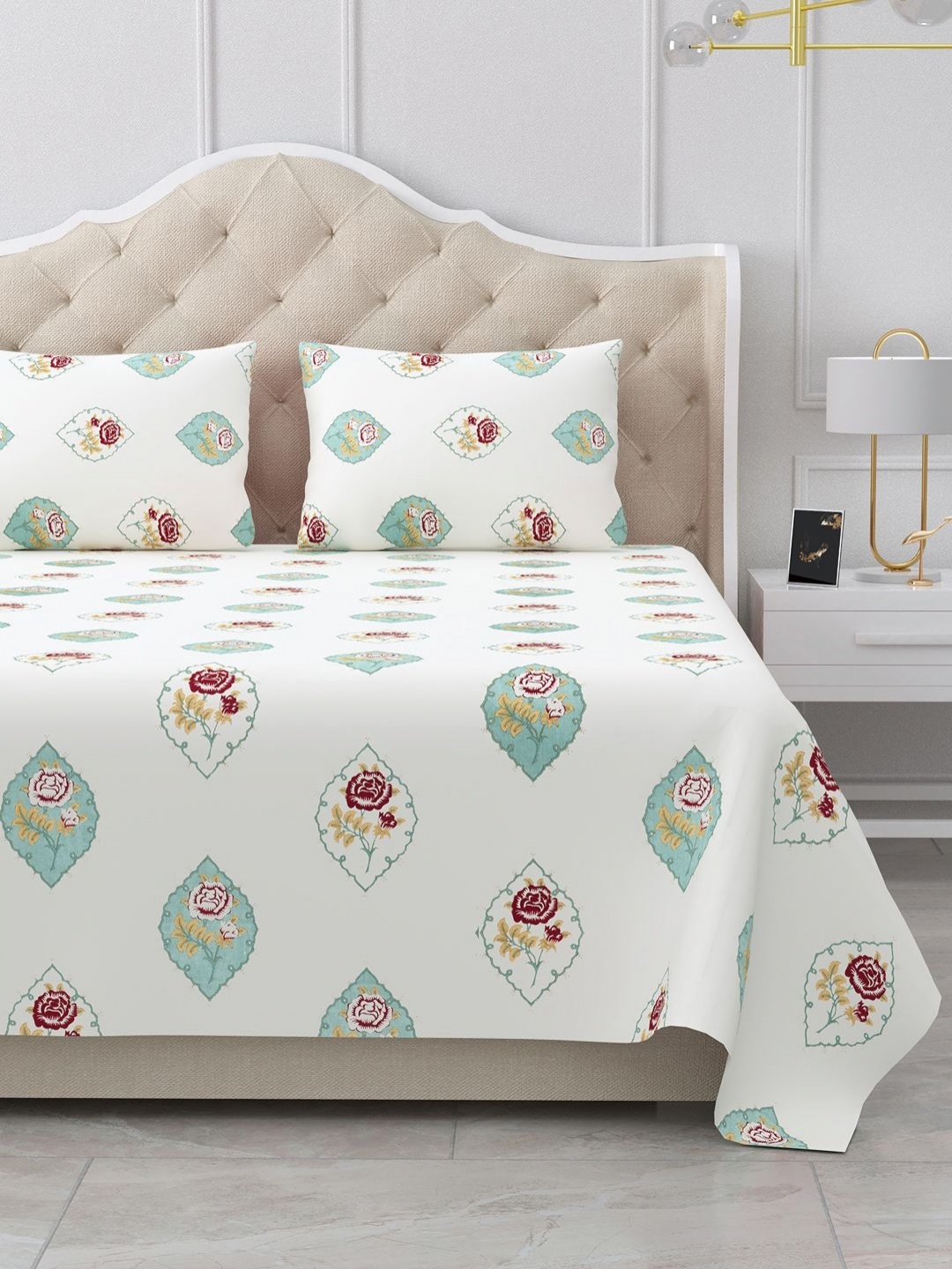 

BELLA CASA Heritage Off White Printed Pure Cotton 180 TC King Bedsheet Set 2.74 m x 2.11 m