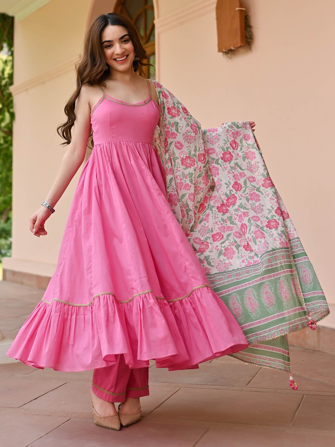 

Bunaai Shoulder Straps Anarkali Kurta with Pyjamas & Dupatta, Pink