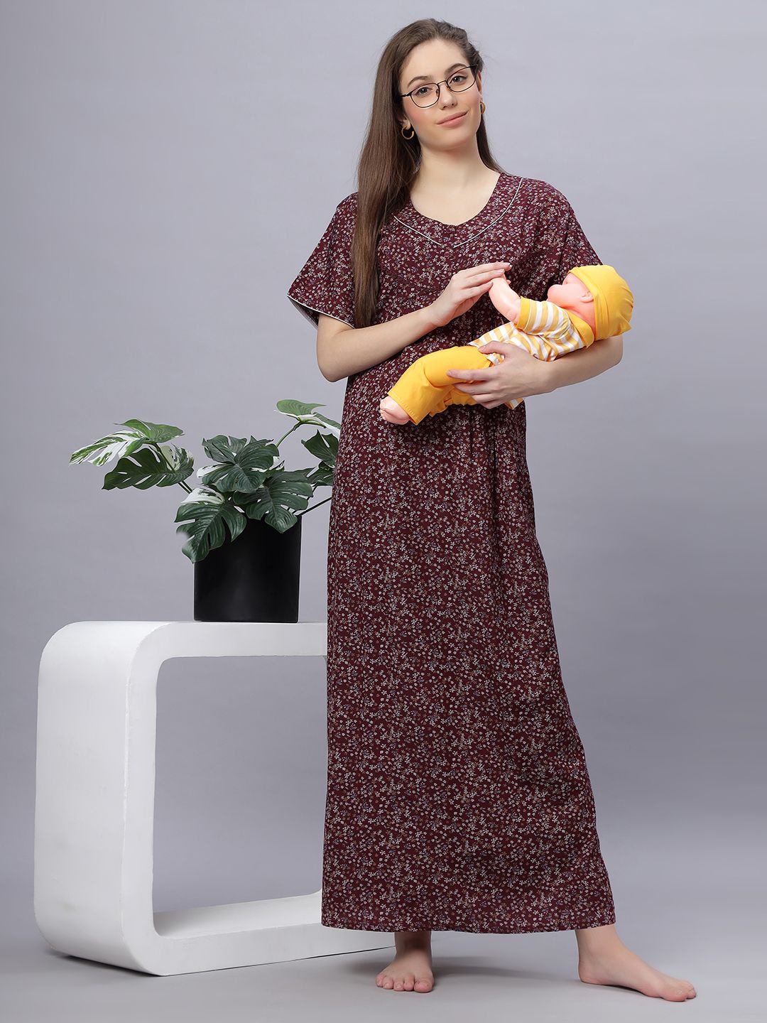 

QUIRA Women Printed Maternity Maxi Nightdress, Maroon
