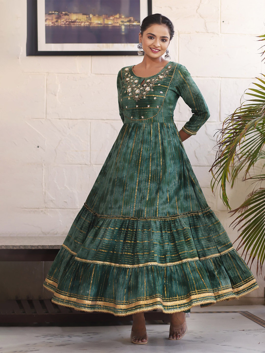 

DOISA Floral Embroidered Fit & Flare Maxi Ethnic Dresses, Green
