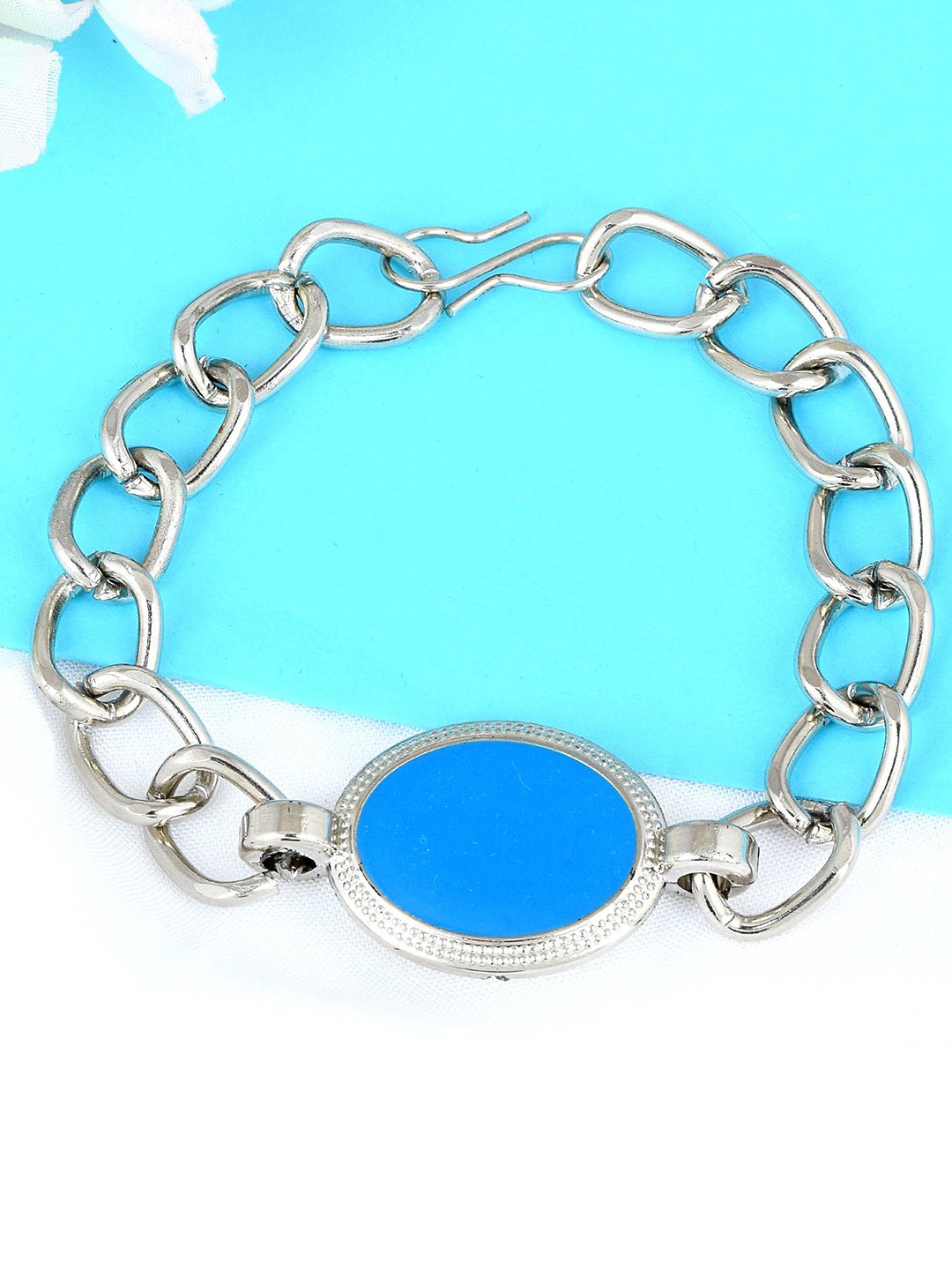 

MEMOIR Unisex Silver-Plated Stainless Steel Faux Turquoise Firoza Salman Link Bracelet