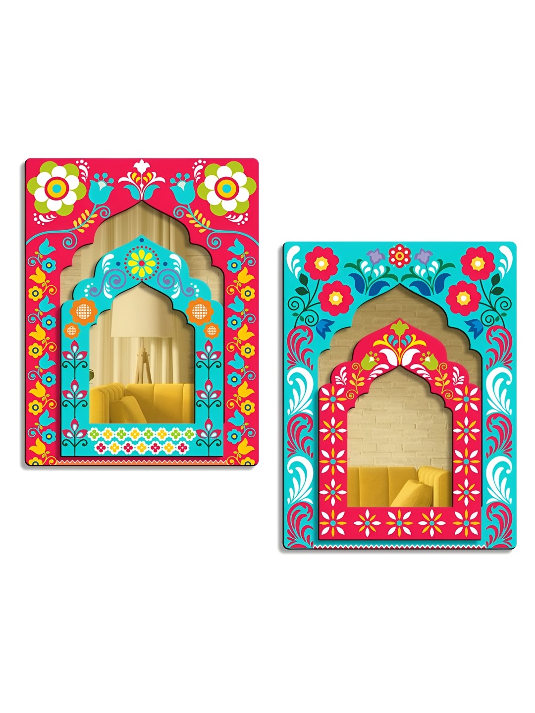 

SEHAZ ARTWORKS Red & Blue 2 Pieces Jharokha Printed Wooden Wall Hangings