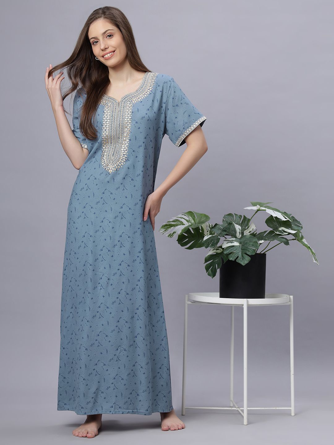 

QUIRA Women Yoke Design Printed Maxi Nightdress, Grey