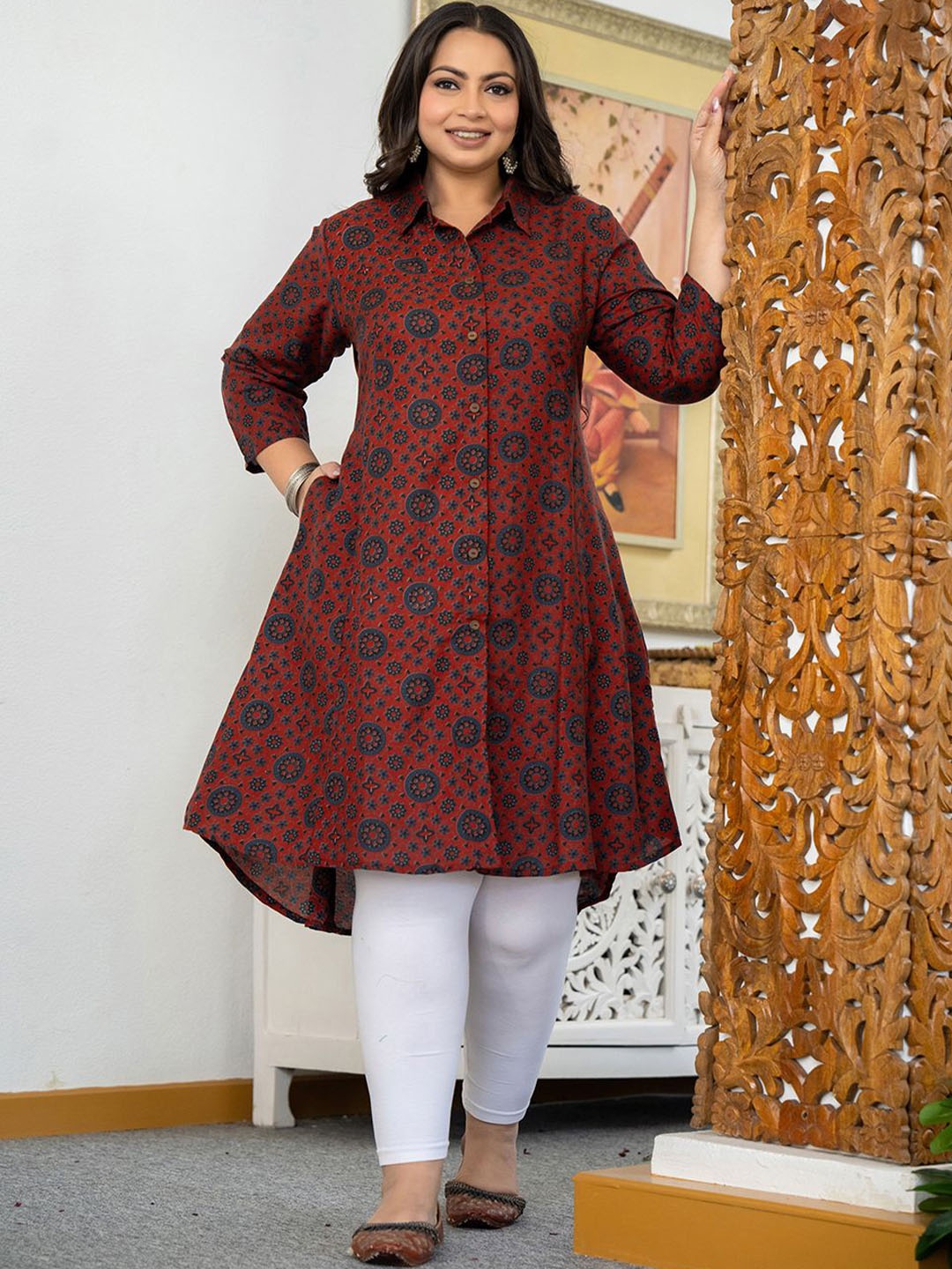 

KAAJH Plus Size Floral Ajrakh Printed Shirt Collar A-Line Kurta, Maroon