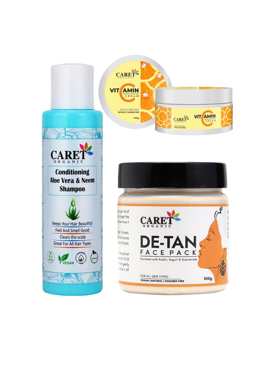 

CARET ORGANIC Set of 3 Shampoo - 100ml Nourishing Cream & De-Tan Face Pack-100g Each, White