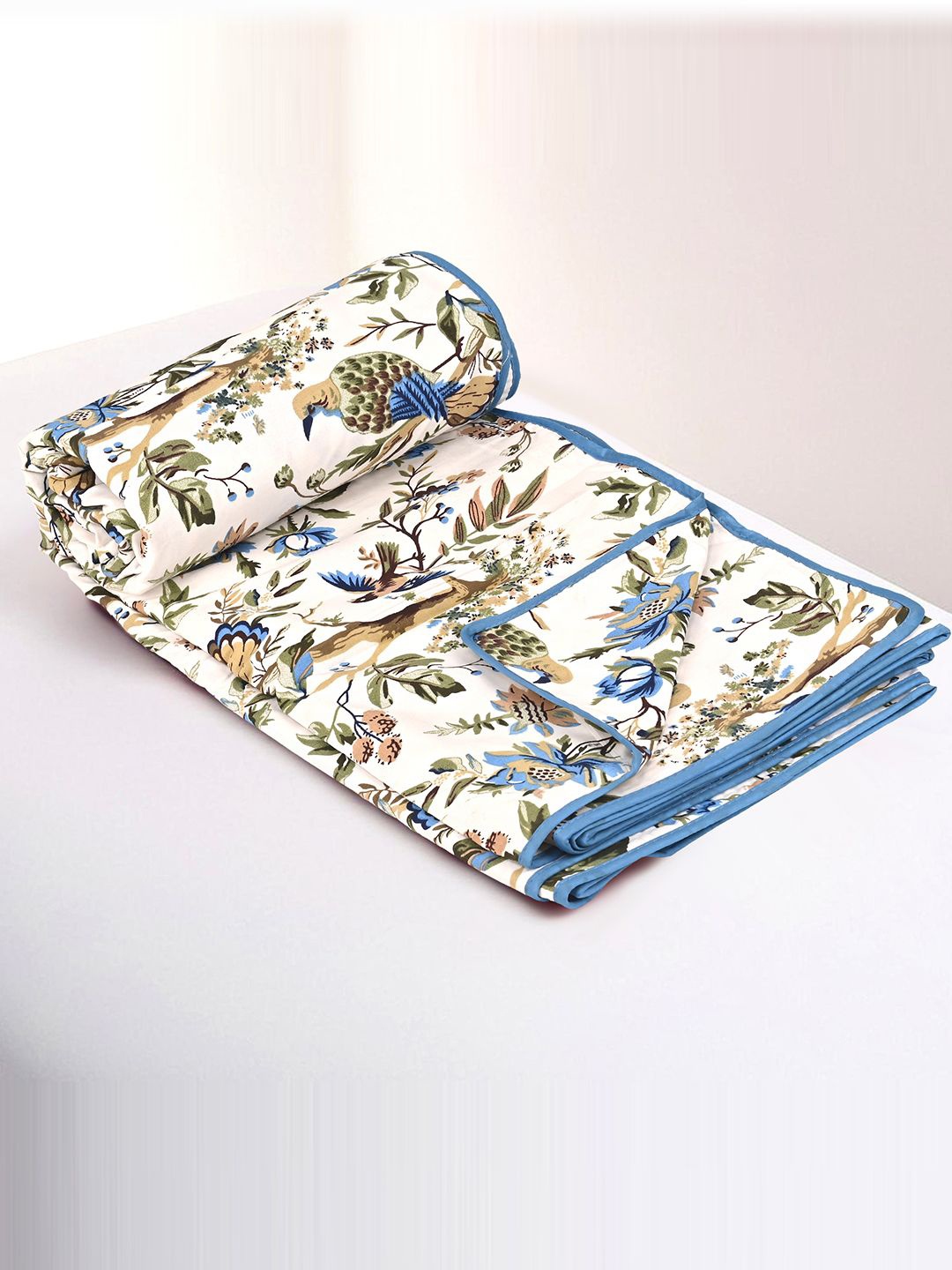 

Kuber Industries Blue & White Floral Printed Cotton 210 GSM Double Bed Blanket