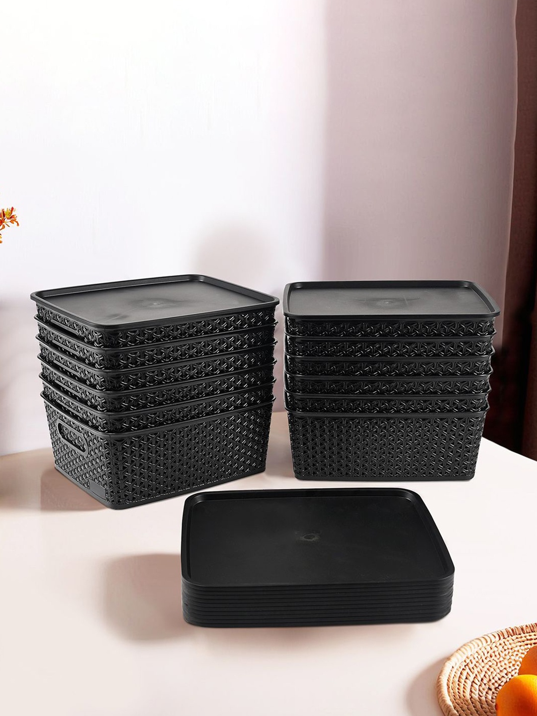 

Kuber Industries Black 12 Pieces Checked Reusable Tote Basket Organisers