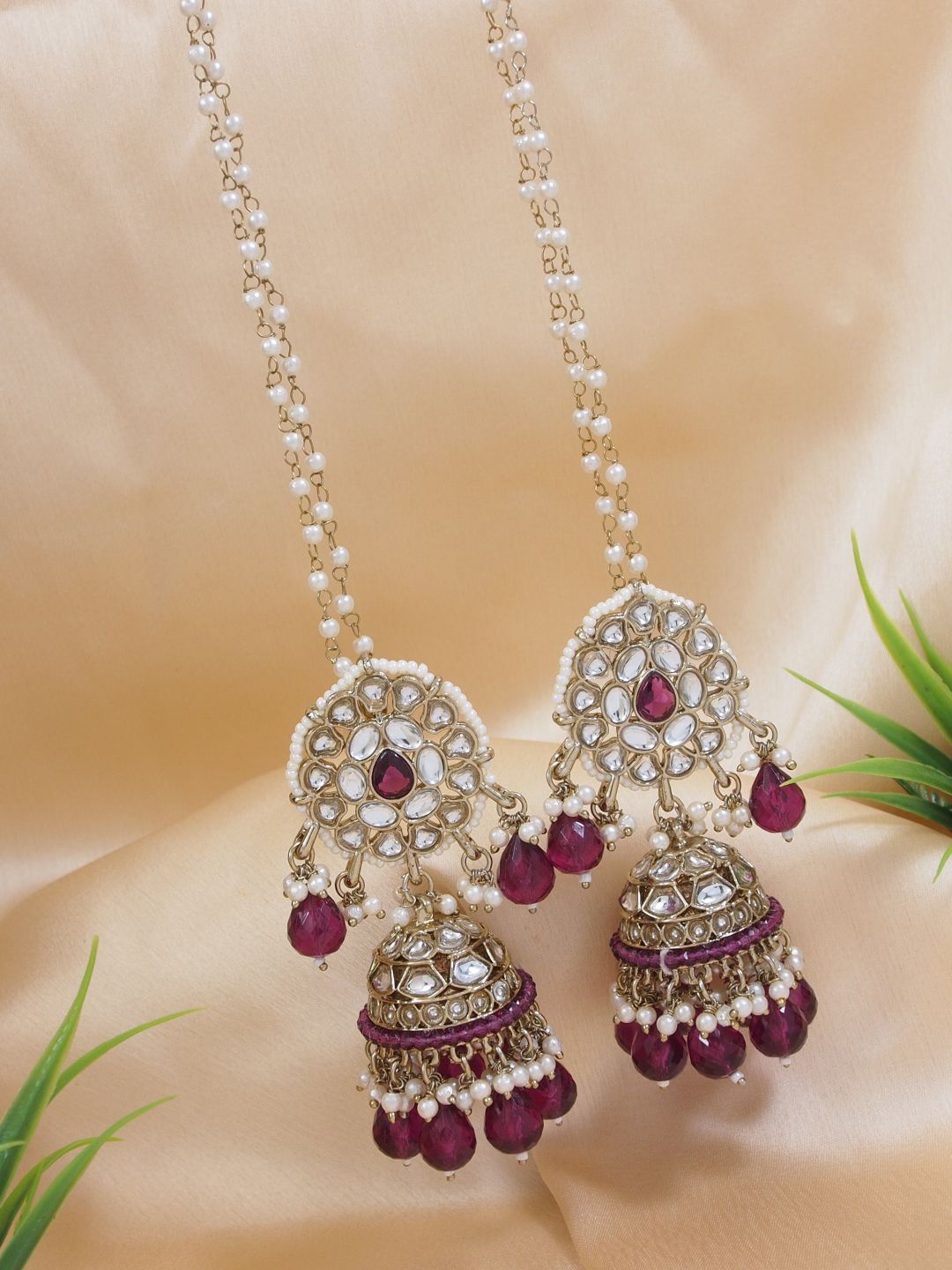 

I Jewels Gold-Plated Kundan Studded & Pearls Dome Shaped Jhumkas With Attachable Ear Chain