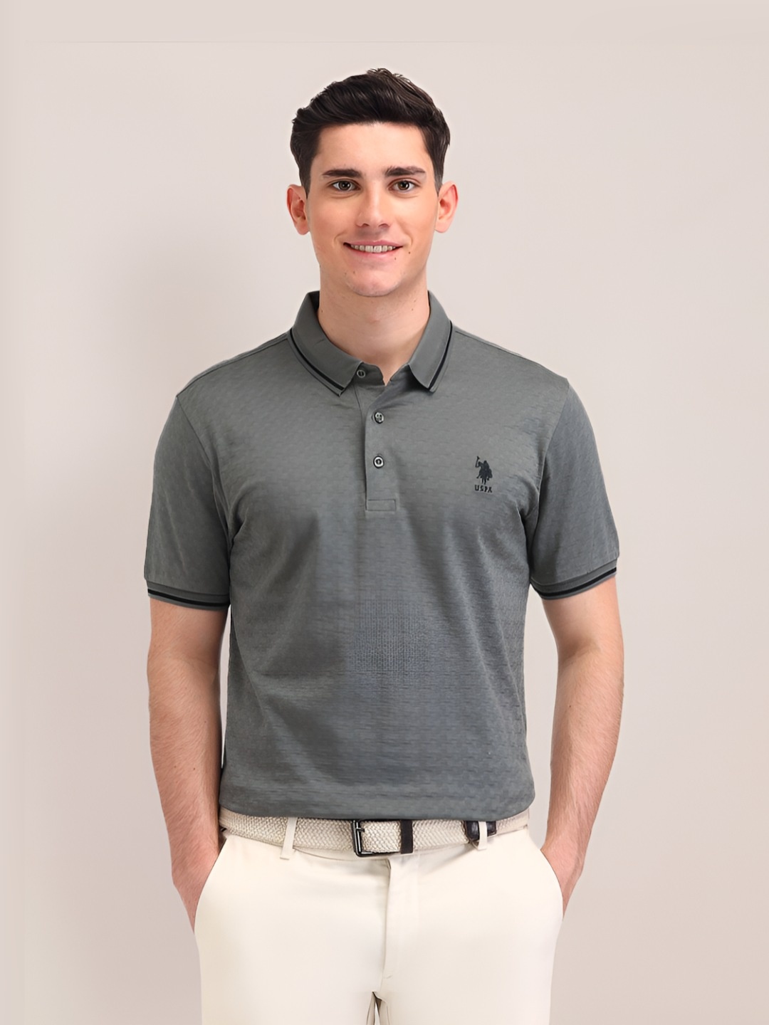 

U.S. Polo Assn. Men Self Design Polo Collar Cotton Slim Fit T-shirt, Grey