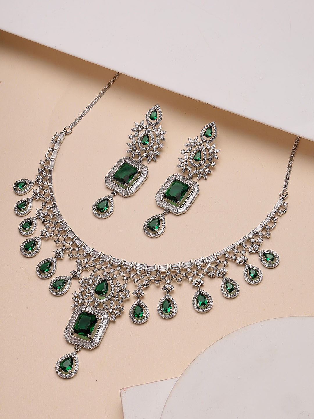 

KARATCART Silver-Plated American Diamond Stone-Studded Jewellery Set