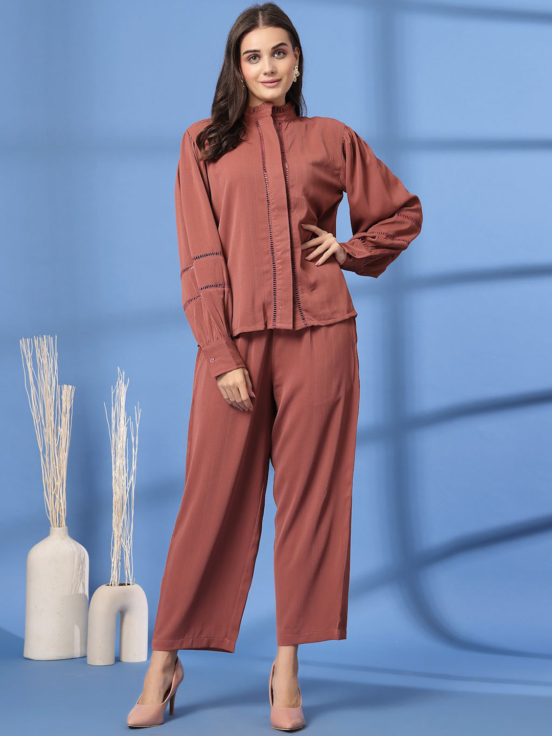 

plusS Pink Mandarin Collar Shirt With Trousers