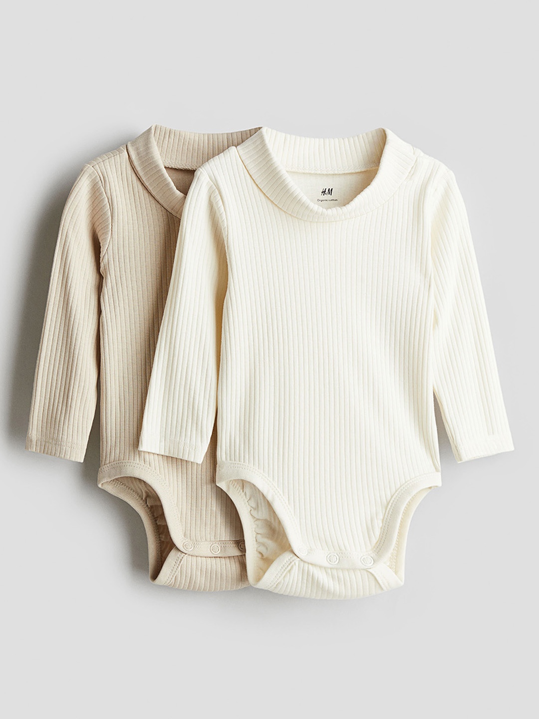 

H&M Boys Pack Of 2 Cotton Ribbed Polo-Neck Bodysuits, Beige