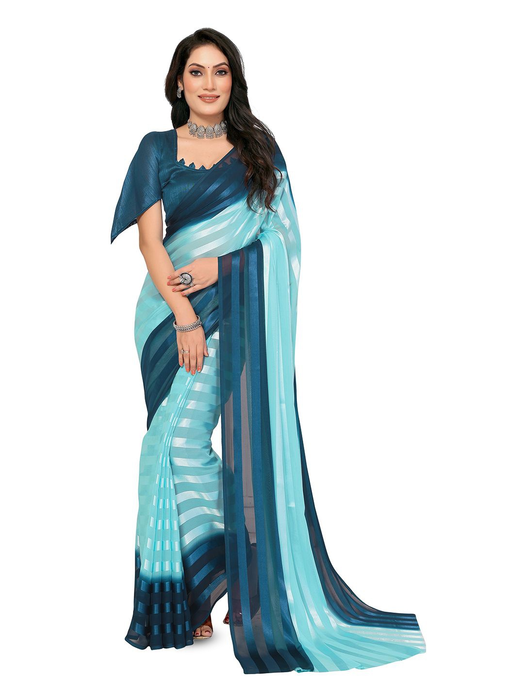 

Moda Rapido Striped Printed Satin Saree With Unstitched Blouse Piece, Blue