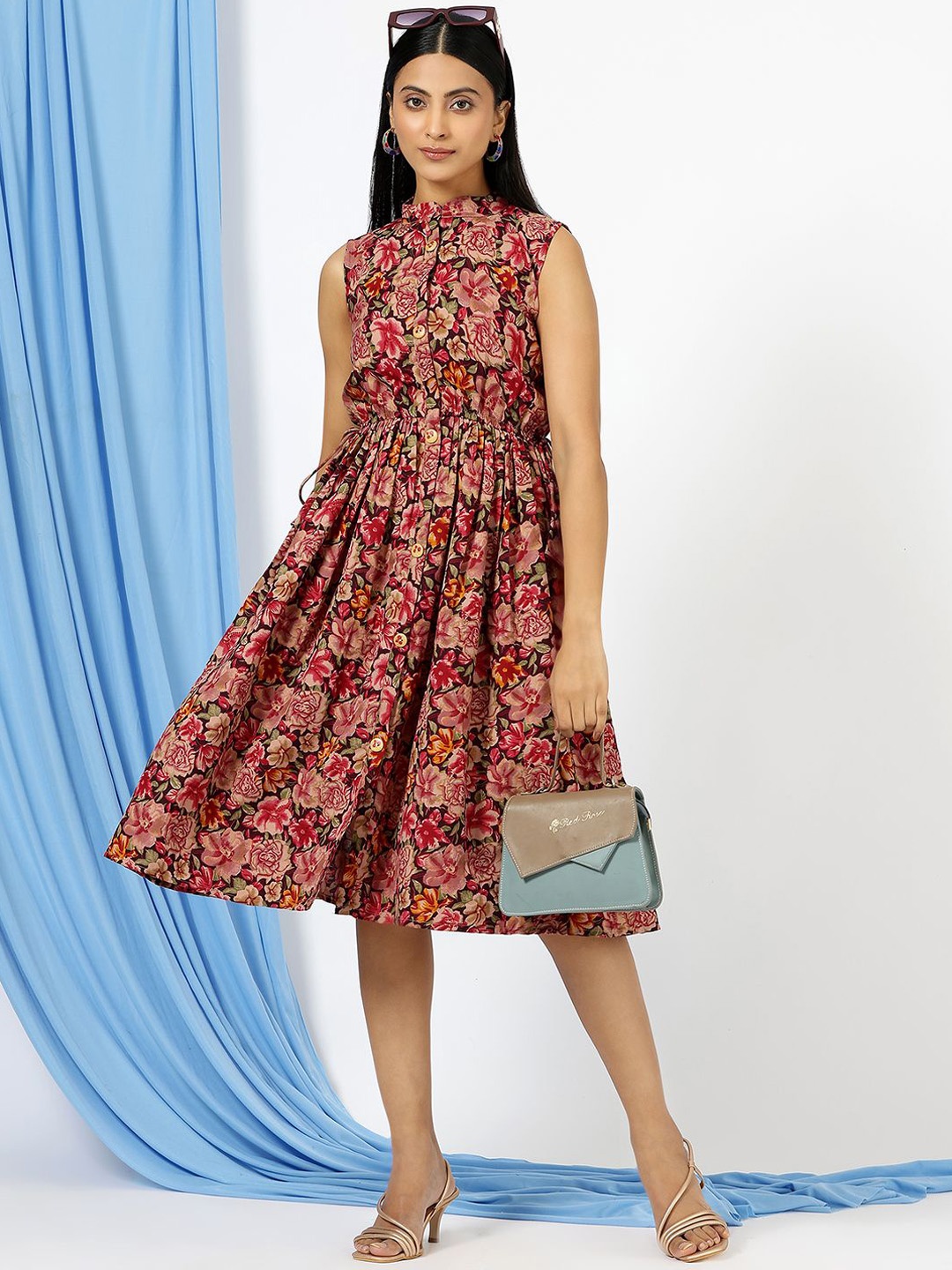 

Sanwariya Silk Mandarin Collar Floral Printed Fit and Flare Cotton Dress, Maroon