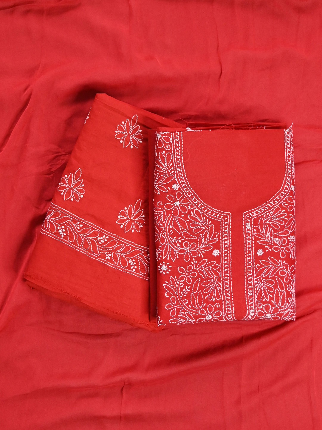 

Seva Chikan Floral Lucknowi Chikankari Embroidered Unstitched Dress Material, Red