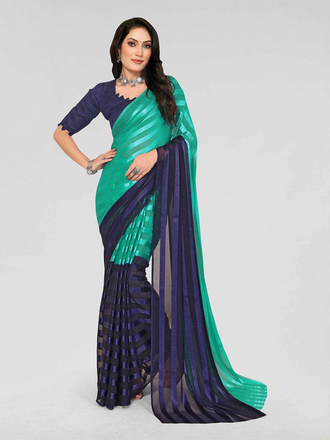 

Moda Rapido Striped Printed Satin Saree With Unstitched Blouse Piece, Blue