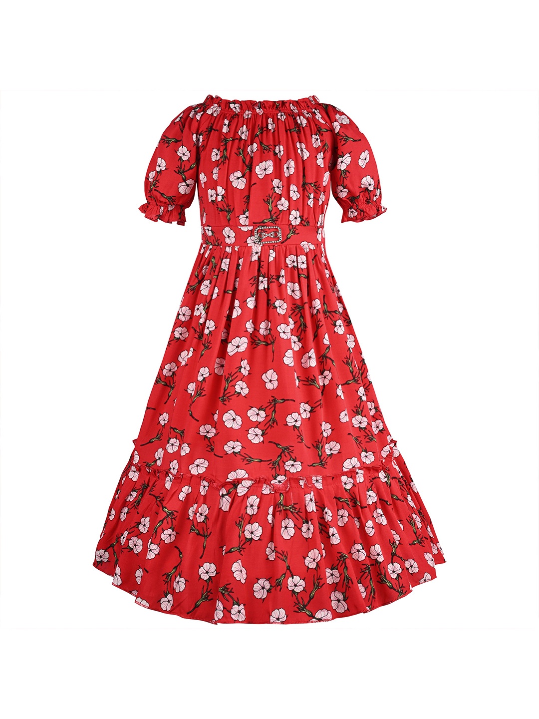 

Wish Karo Girls Floral Printed Puff Sleeve Fit & Flare Maxi Dress, Red