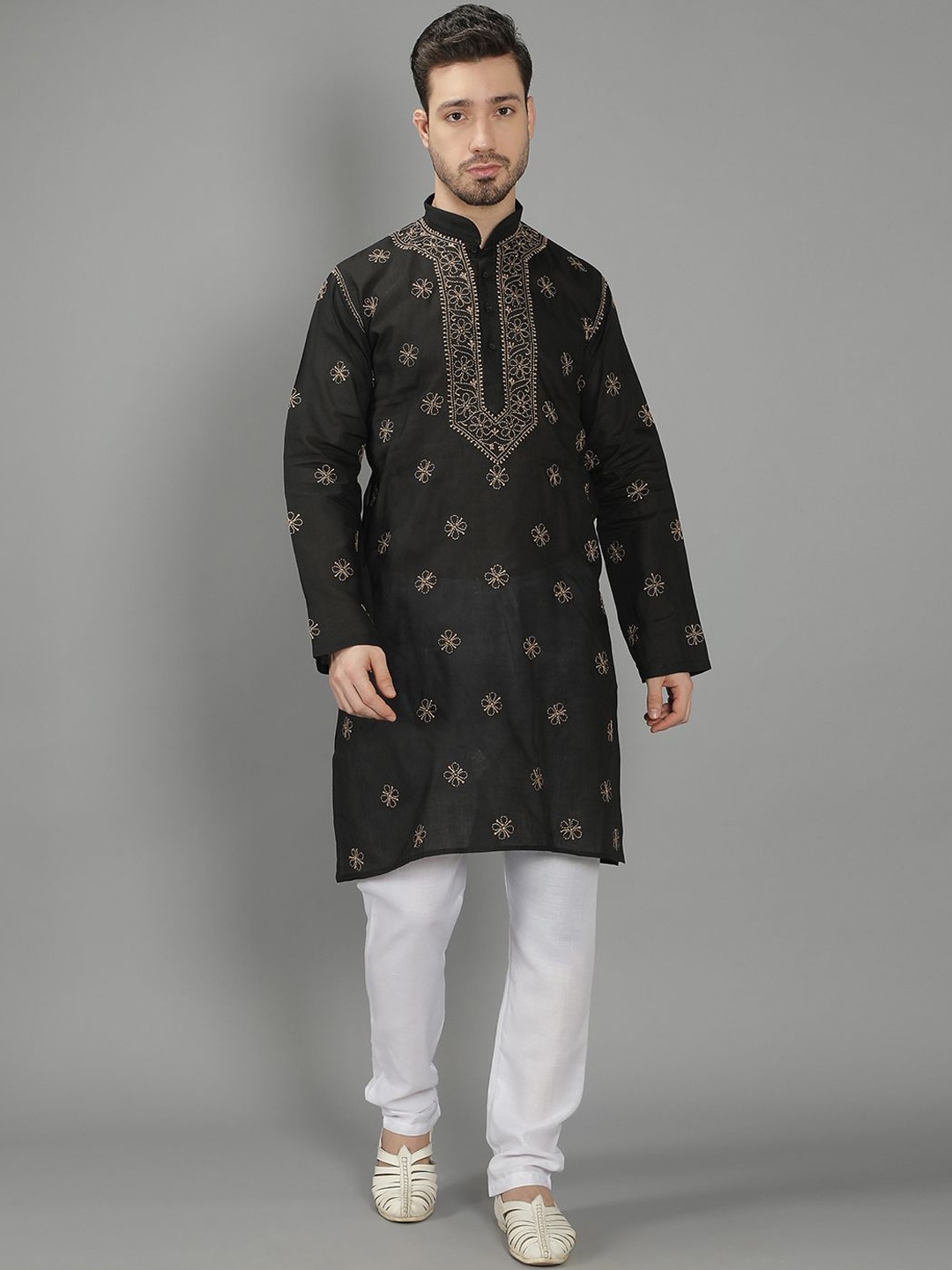 

Seva Chikan Floral Embroidered Mandarin Collar Long Sleeves Pure Cotton Straight Kurta, Black