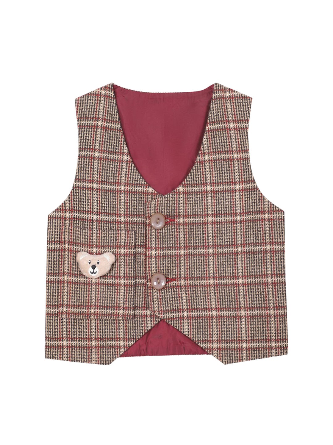 

HOUSE OF VEDAS Kids Checked Woven Design V-Neck Waistcoat, Red