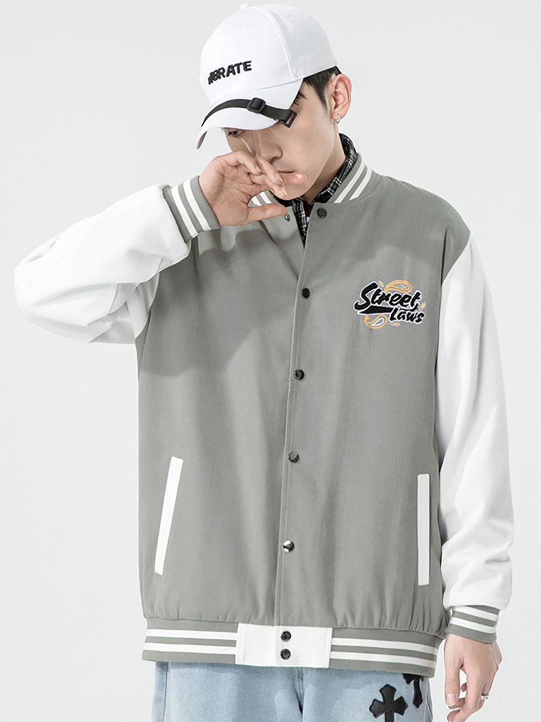 

StyleCast x Revolte Men Stand Collar Colourblocked Casual Bomber Jacket, Grey