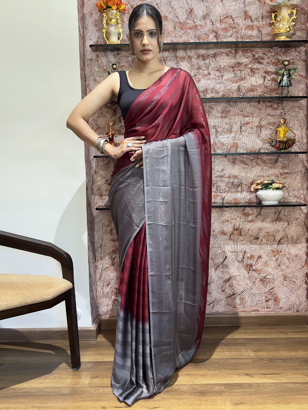 

V3 FASHION STUDIO Ombre Pure Chiffon Ready to Wear Saree, Red