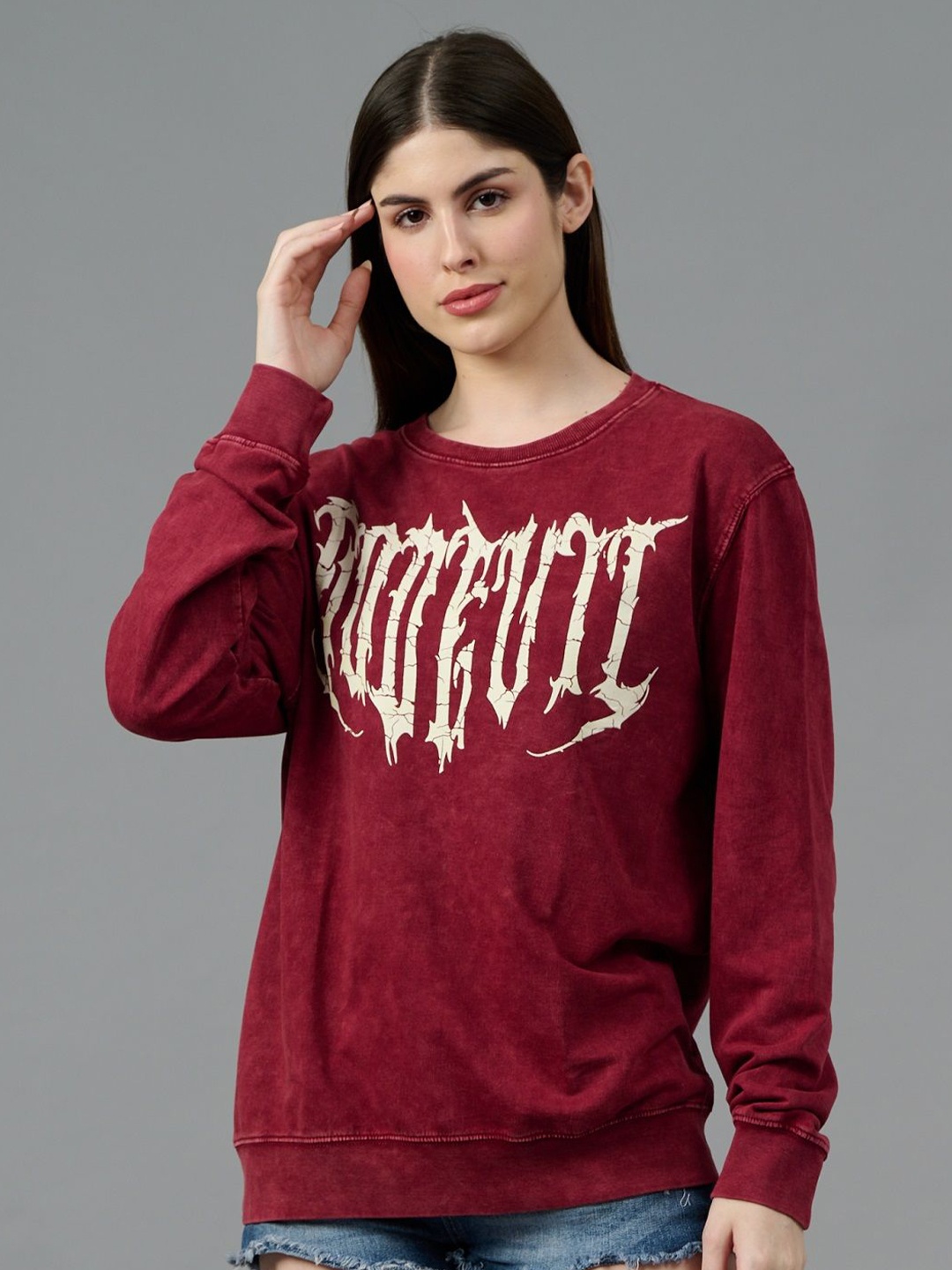 

GO DEVIL Women Printed Oversized Sweatshirt, Maroon