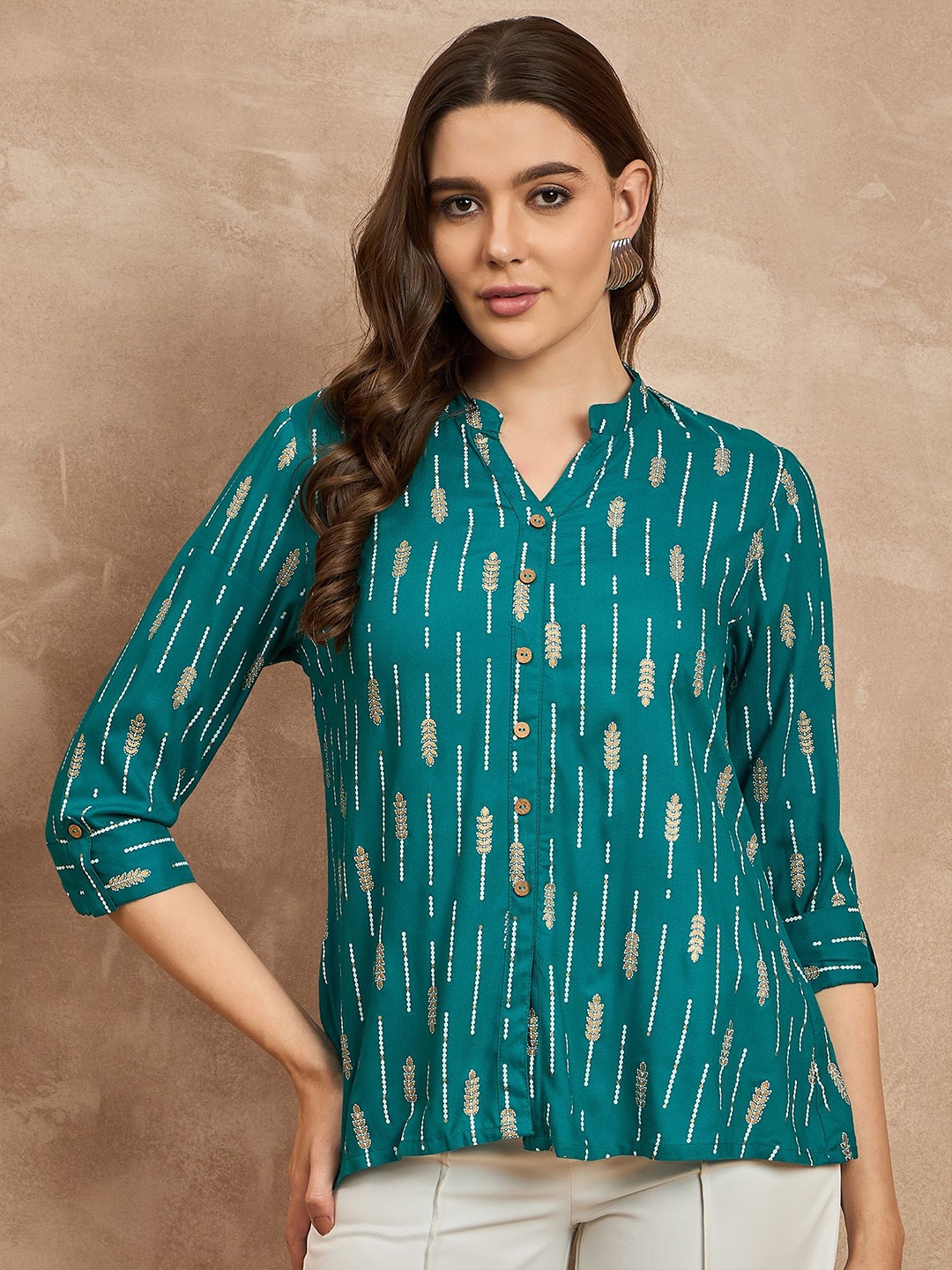 

all about you Women Mandarin Collar Floral Ethnic Top, Teal