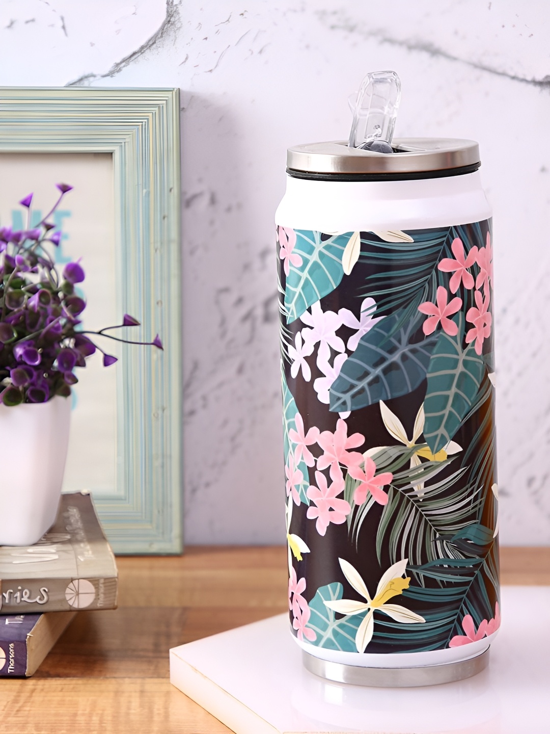 

PENTADECO Green & Pink Floral Printed Aluminium Water Bottle 500 ml