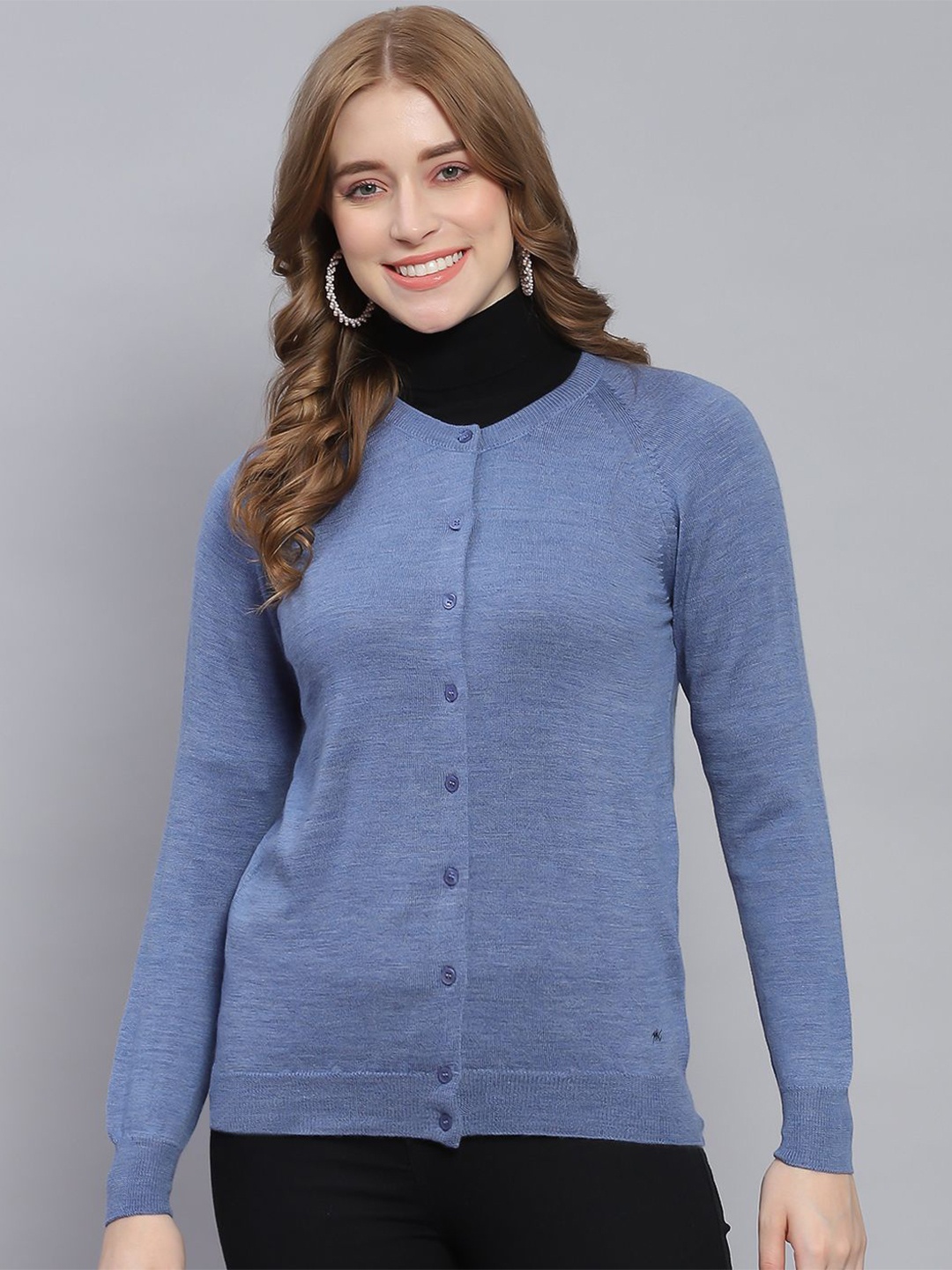 

Monte Carlo Women Round Neck Long Sleeves Woollen Cardigan, Blue