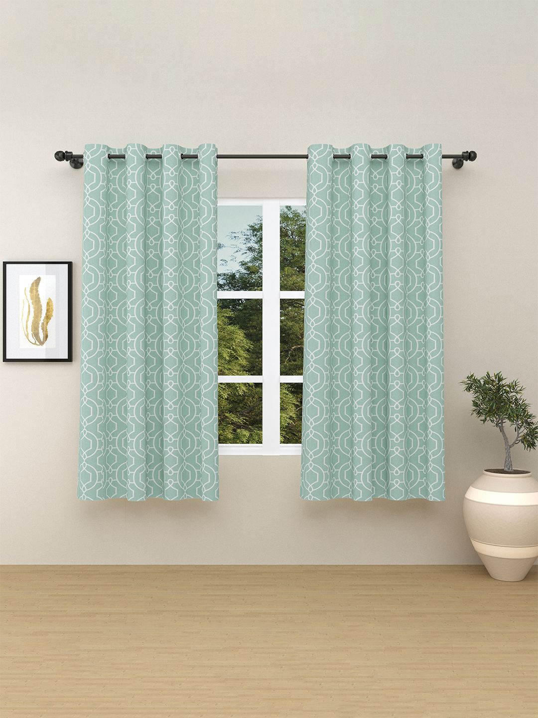 

haus & kinder Blue 2 Pcs Geometric Printed Room Darkening Pure Cotton Window Curtains