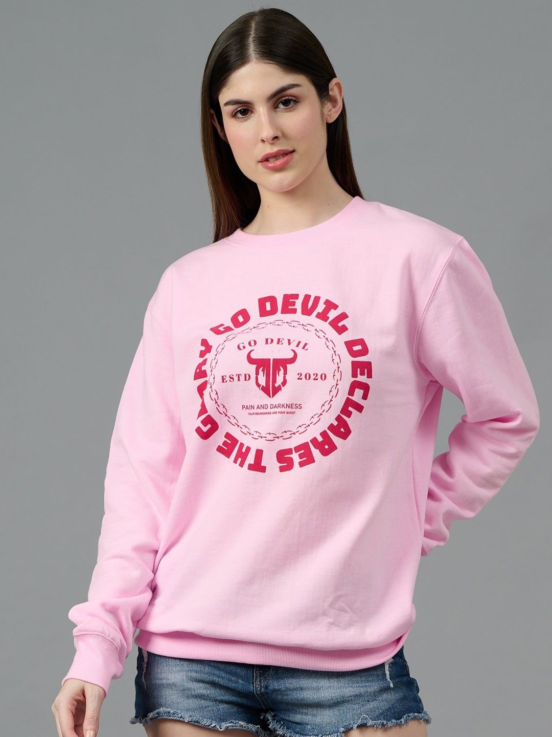 

GO DEVIL Women Printed Oversized Sweatshirt, Pink