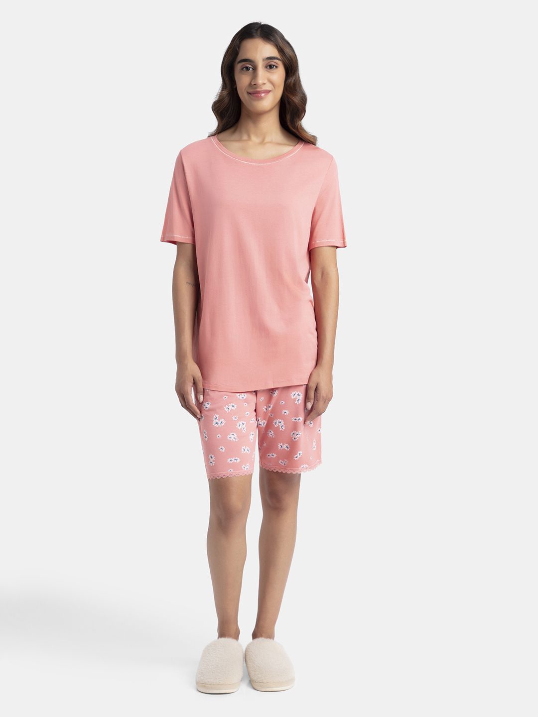 

Jockey Micro Modal Cotton Short Sleeve T-Shirt and Printed Shorts Set - RX80, Peach