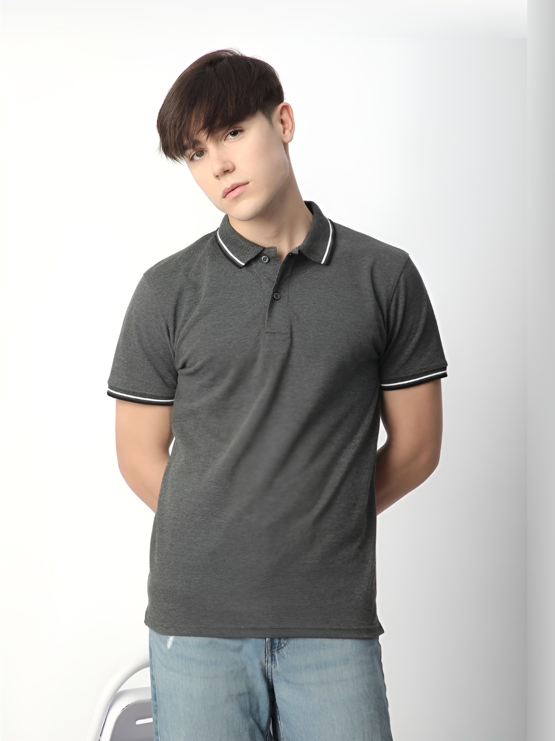 

R&B Men Polo Collar Pockets T-shirt, Grey