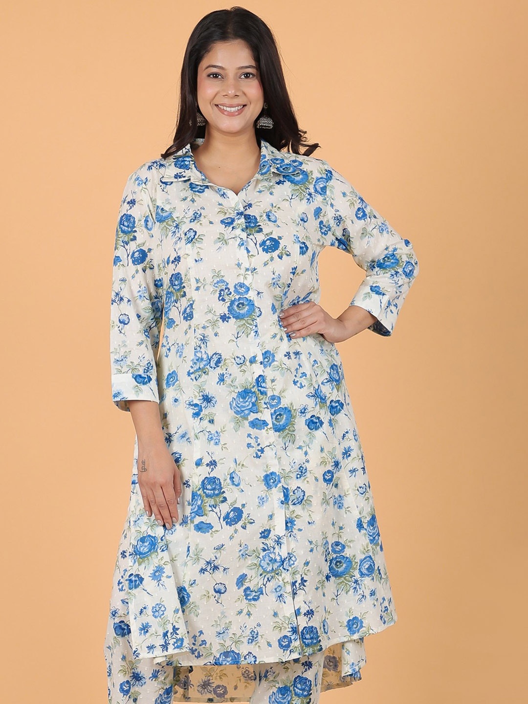 

Aramya Floral Printed Shirt Collar Three-Quarter Sleeves Regular Pure Cotton A-Line Kurta, White