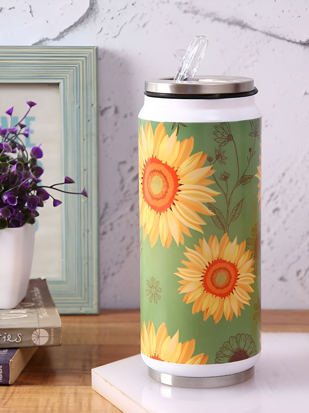 

PENTADECO Green & Yellow Sunflower Printed Aluminium Water Bottle 500ml