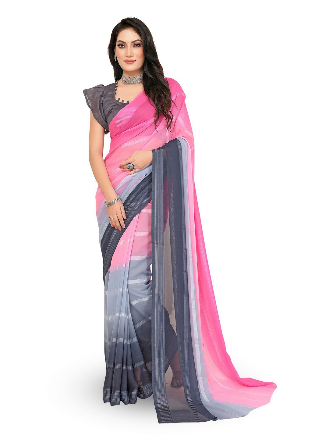 

Moda Rapido Striped Satin Saree, Pink