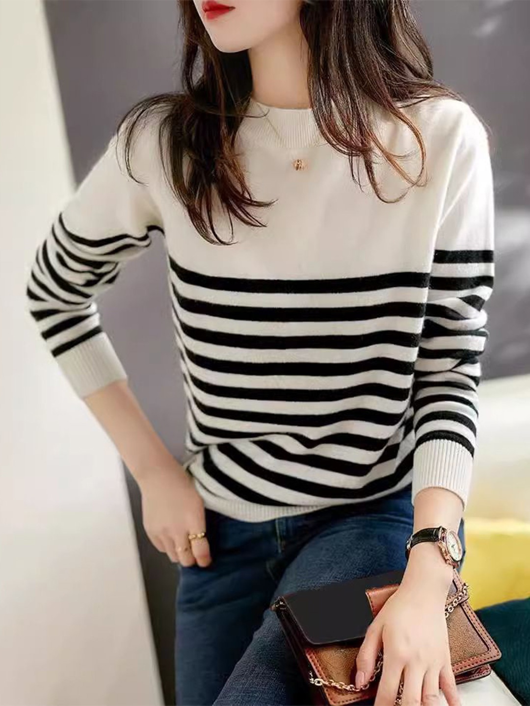 

StyleCast Women Striped Round Neck Pullover, White