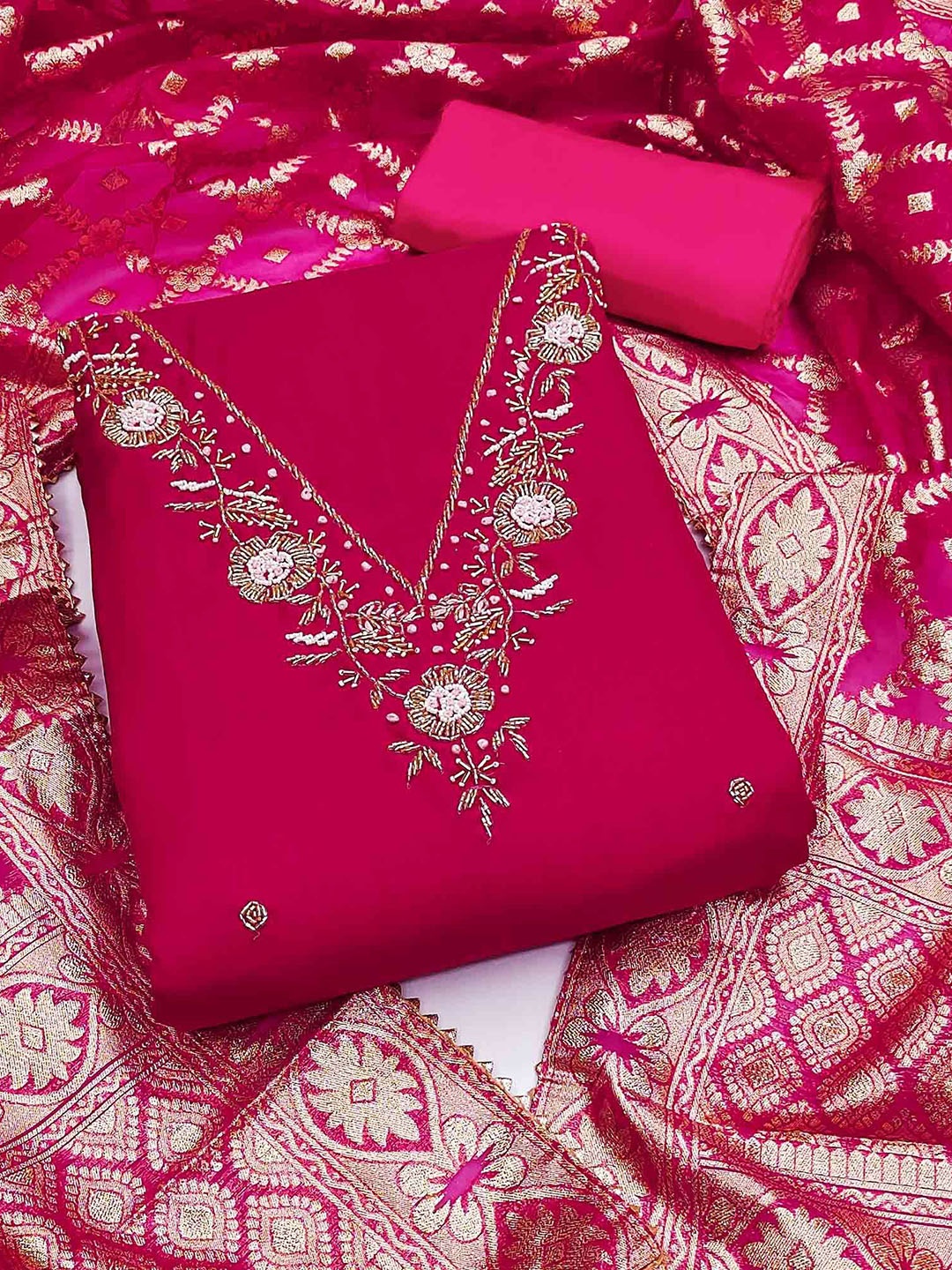 

Peachmode Floral Embroidered Beads and Stones Unstitched Dress Material, Pink